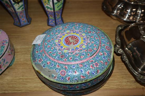 A pair of Chinese Canton enamel containers and vases, 19th/20th century